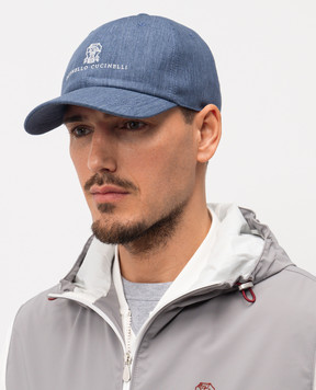 Brunello Cucinelli Blue linen cap with logo embroidery MH2489850