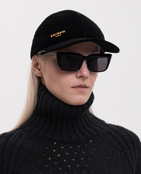 Balmain Black velour cap with textured logo HF1XA600VI93