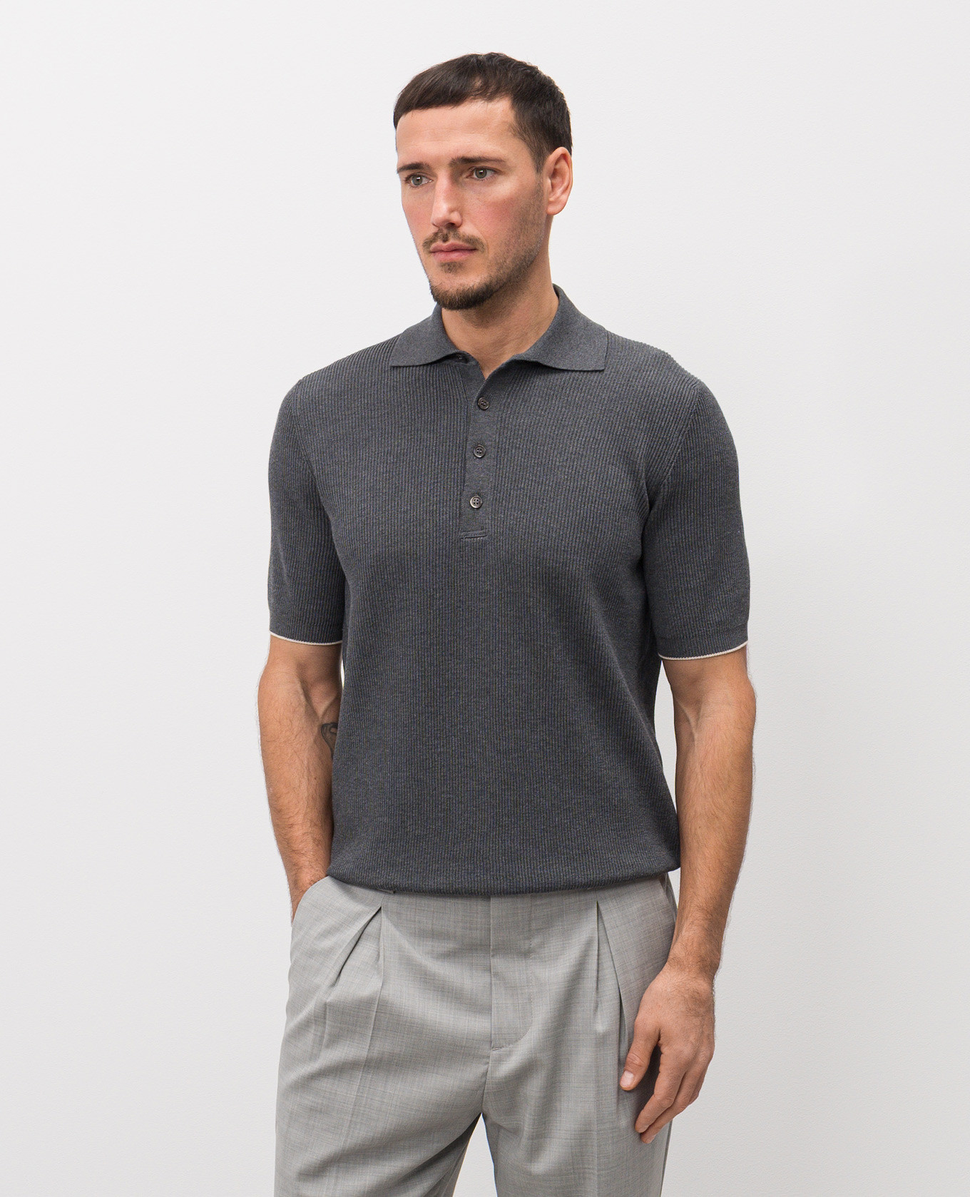 Grey ribbed polo shirt Brunello Cucinelli 3