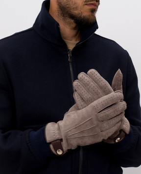 Brunello Cucinelli Gray suede gloves with fur trim MPMVS93608