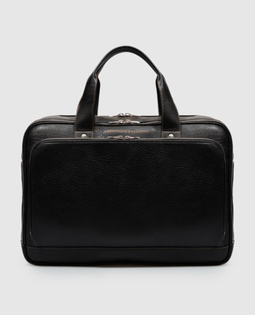 Brunello Cucinelli Black leather briefcase with logo print MBZIBU391
