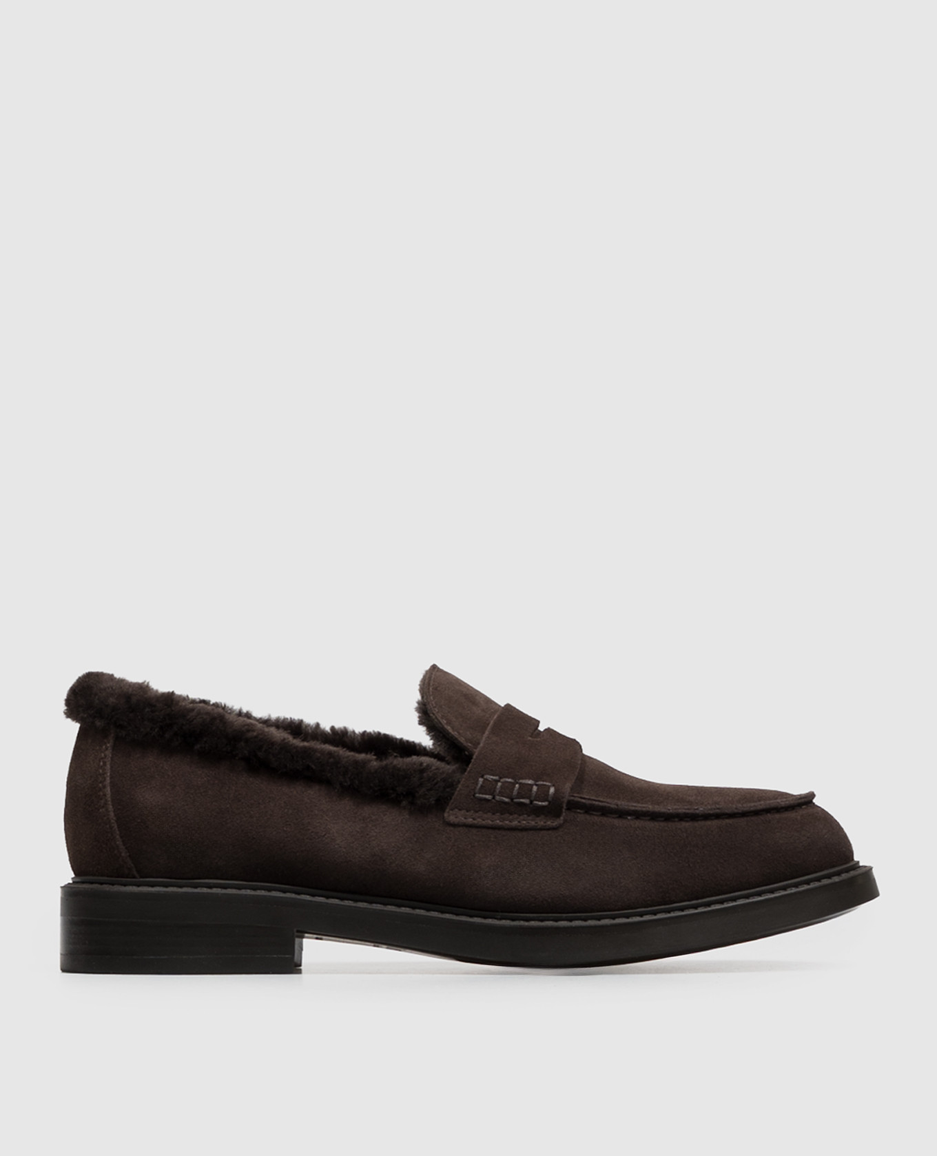Brown suede loafers with fur trim