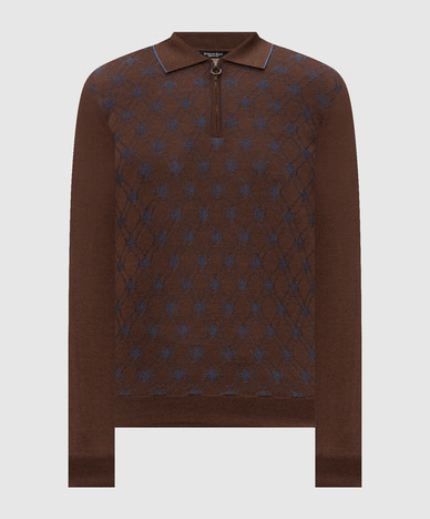 Brown wool, silk and cashmere polo shirt with a pattern