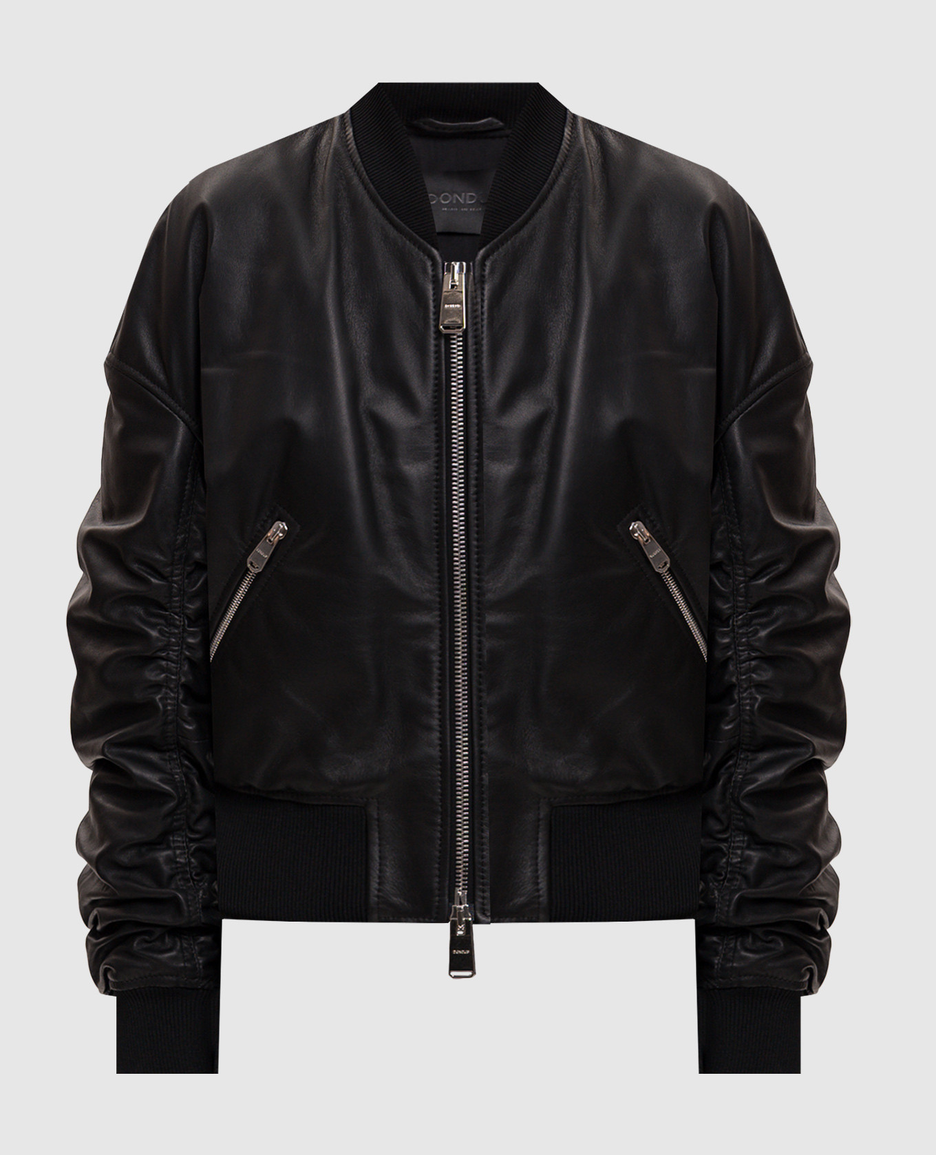 Black leather bomber jacket with drape