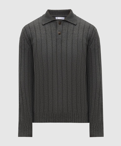 Green cashmere sweater with polo collar