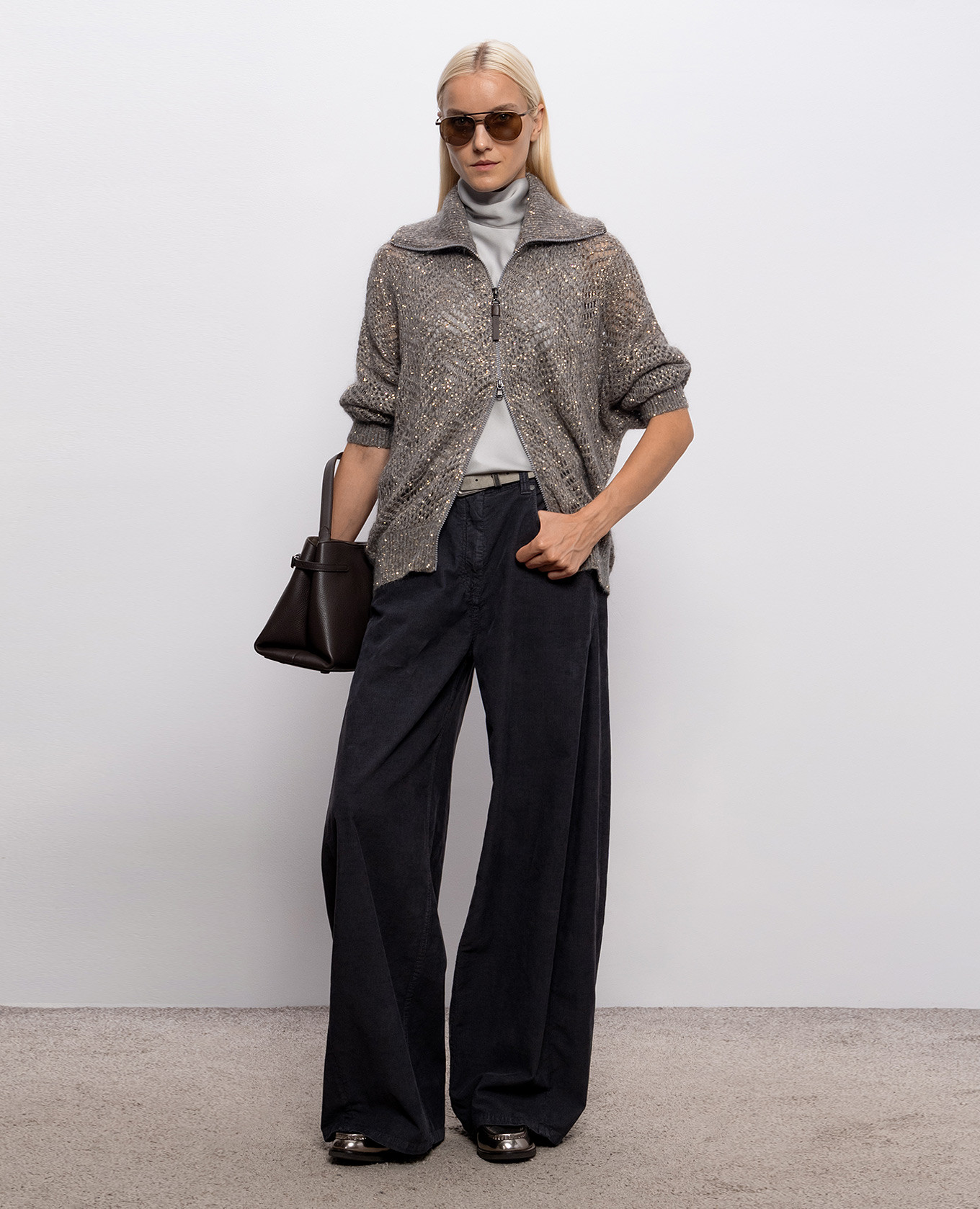 Gray openwork cardigan with sequined wool Brunello Cucinelli 2