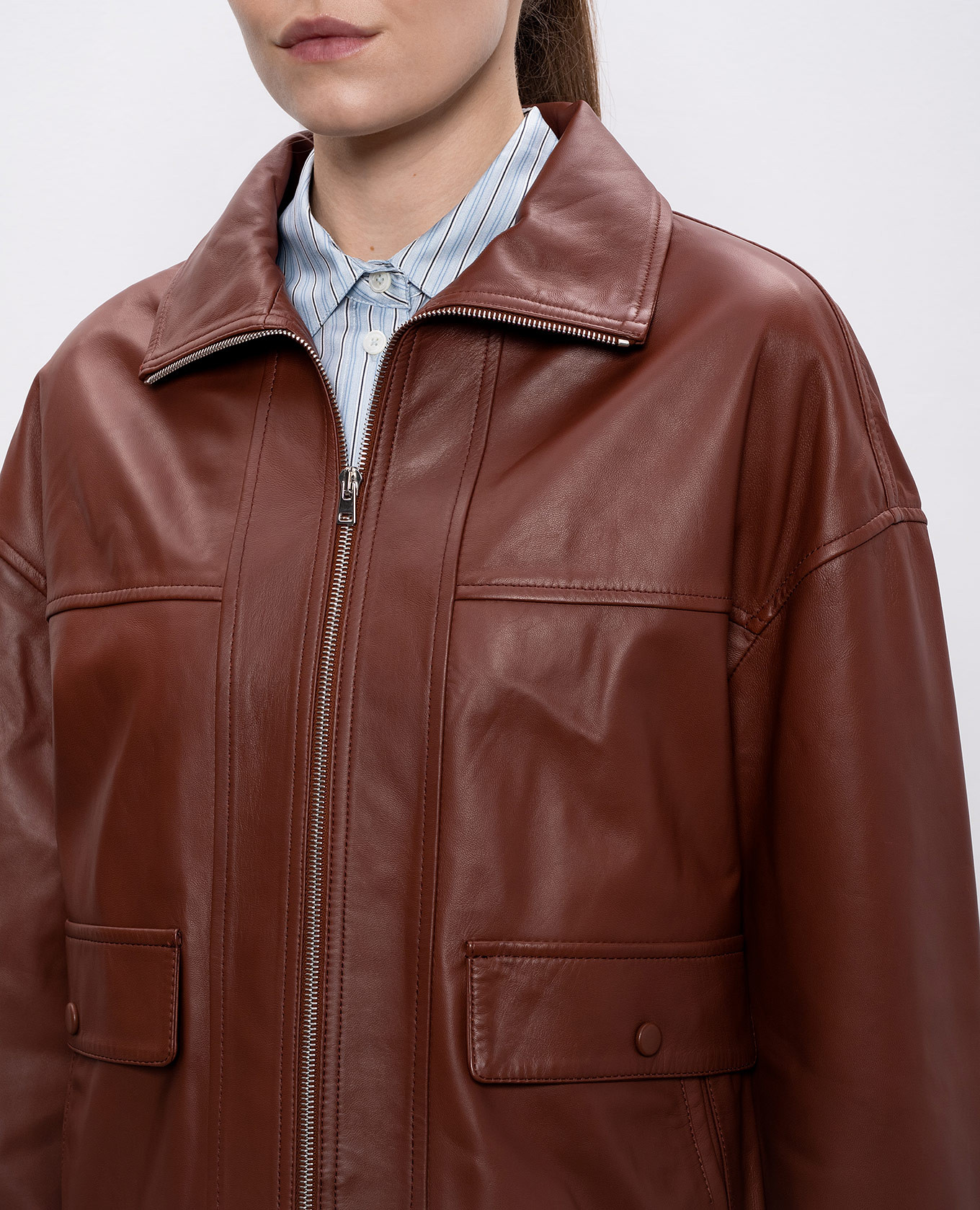Brown straight-cut leather jacket Yves Salomon 5