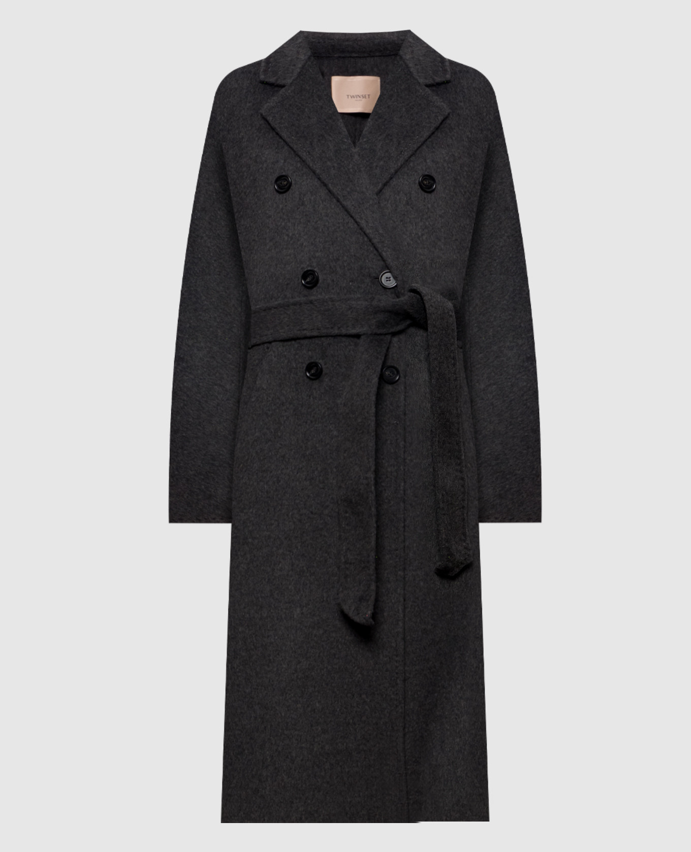 Grey double-breasted wool coat with metal logo