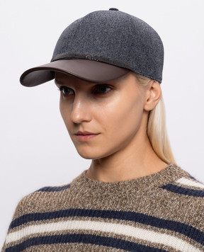 Brunello Cucinelli Gray wool cap with leather peak MCAP90223P