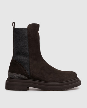 Brunello Cucinelli Brown suede Chelsea boots with monil chain MZSFG3307P