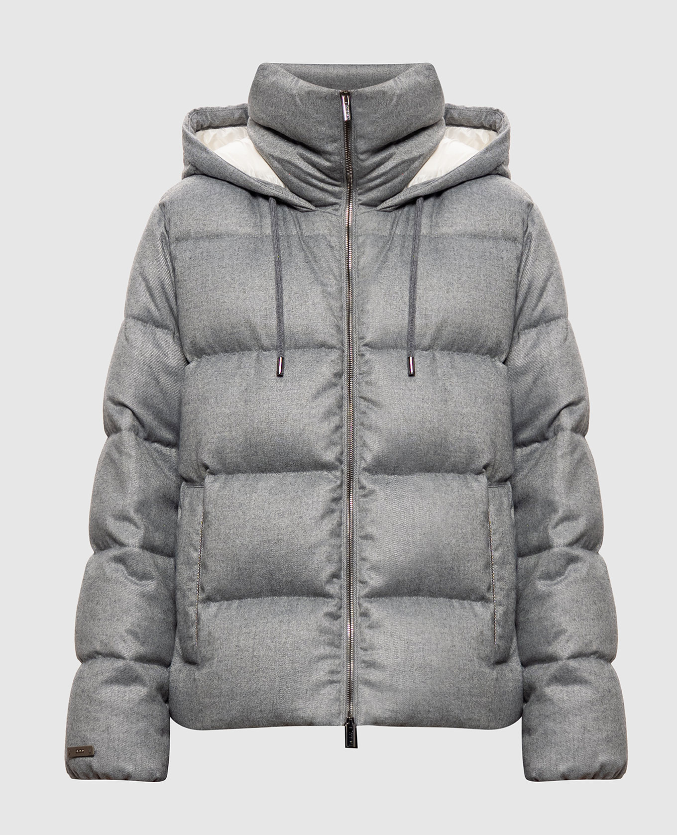 Gray down jacket with brand patch
