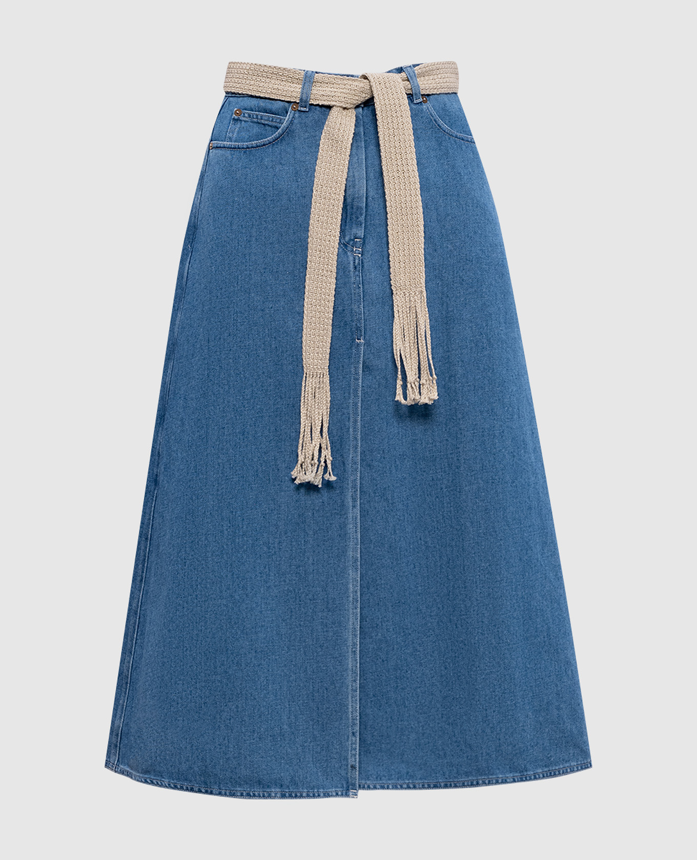Blue denim midi skirt with linen