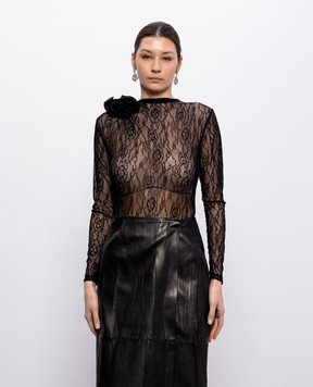Nissa Black lace bodysuit with floral applique BODY16528