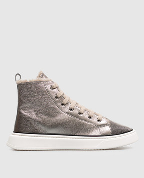 Brunello Cucinelli Children's silver leather high-tops with fur BZFAY1G409