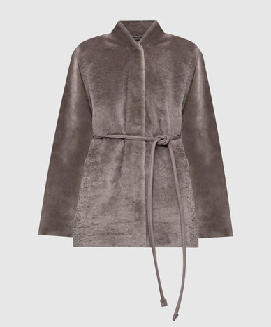 Gray sheepskin coat with belt