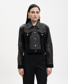 Versace Black leather jacket with logo patch 10246171A17766