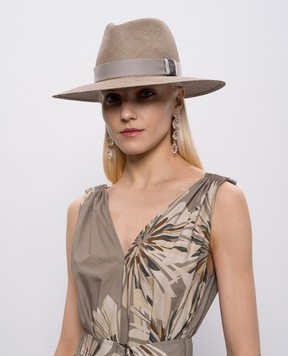 Brunello Cucinelli Khaki straw fedora hat with monil chain MCAP90019