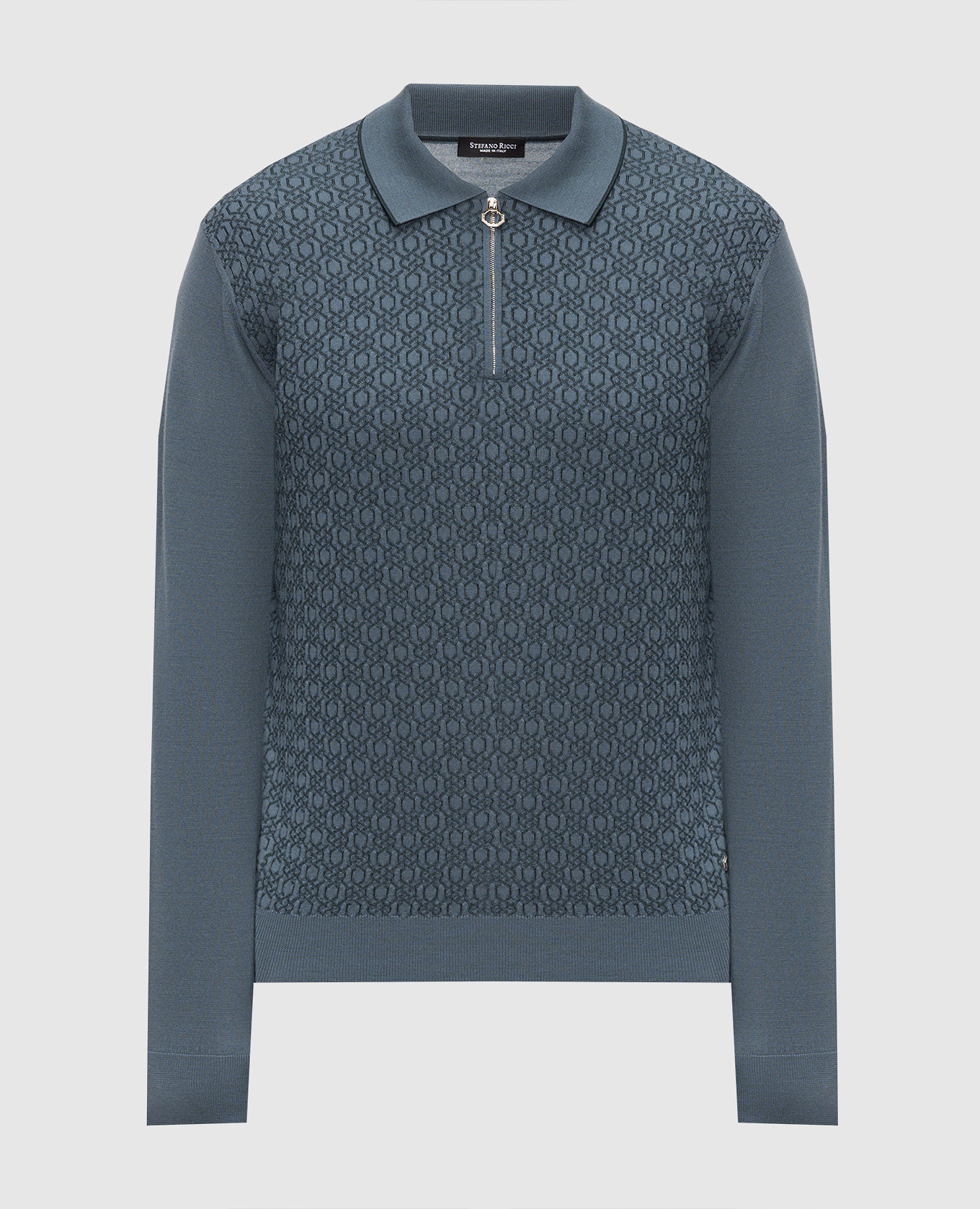 Blue wool and silk polo shirt with pattern