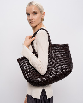 Dragon Nantucket Brown Leather Woven Tote Bag DGS68822