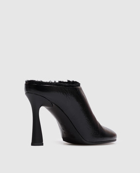 Premiata Black leather glossy mules with fur trim M7444TEX