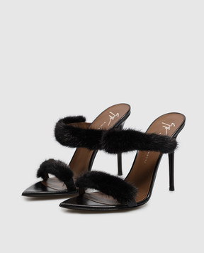 Giuseppe Zanotti LIZZIE black leather mules with mink fur I600024