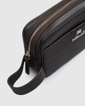 Enrico Mandelli Dark brown leather toiletry bag with textured logo 0BRAND7213