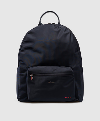 Blue backpack with metal logo