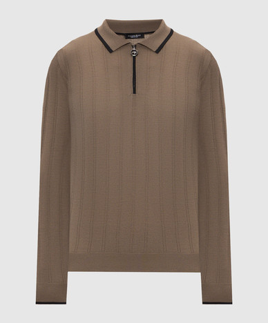 Braunes Poloshirt aus Wolle mit kontrastierender Paspelierung