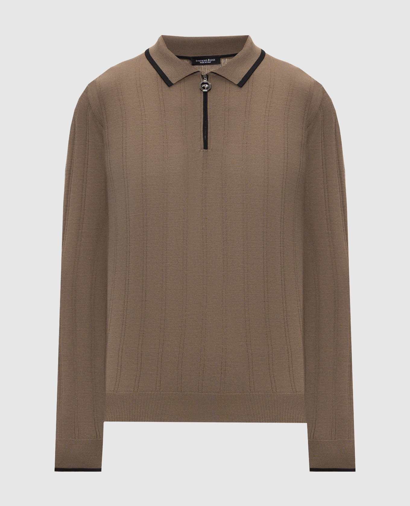 Brown wool polo shirt with contrast piping