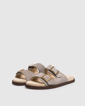 Brunello Cucinelli Grey suede flip-flops with logo engraving MZUSOLY235
