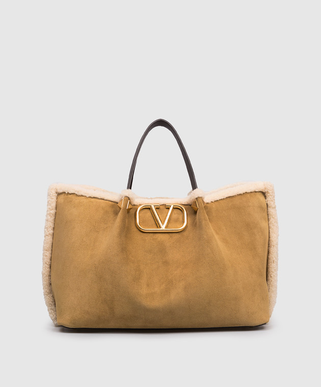 Valentino Sac cabas en daim beige avec VLogo sur fourrure
