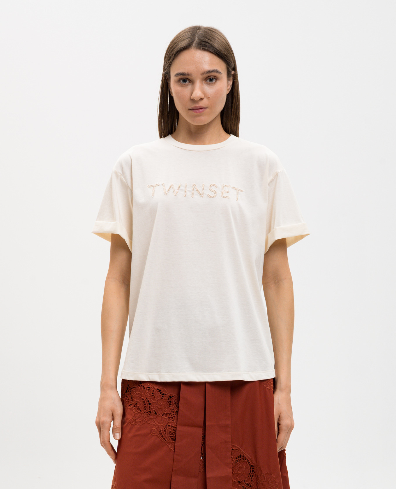 

Beige T-shirt with logo embroidery Twinset