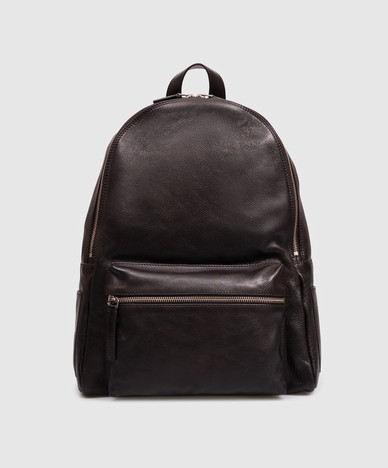 Brown leather backpack with textured logo