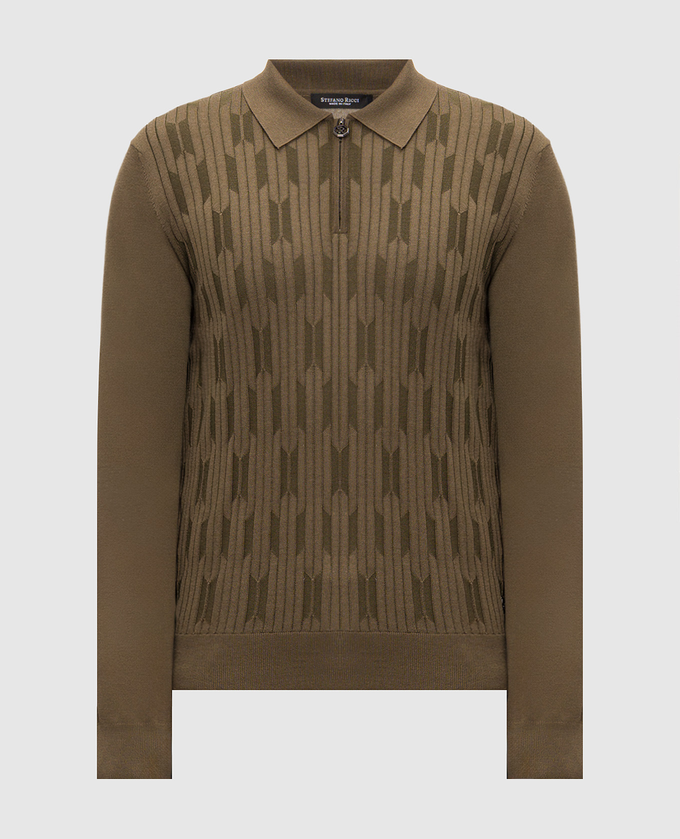 Brown cashmere and silk patterned polo shirt