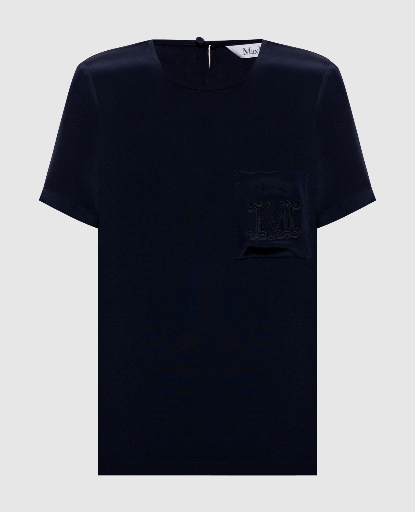 Blue silk top with monogram embroidery