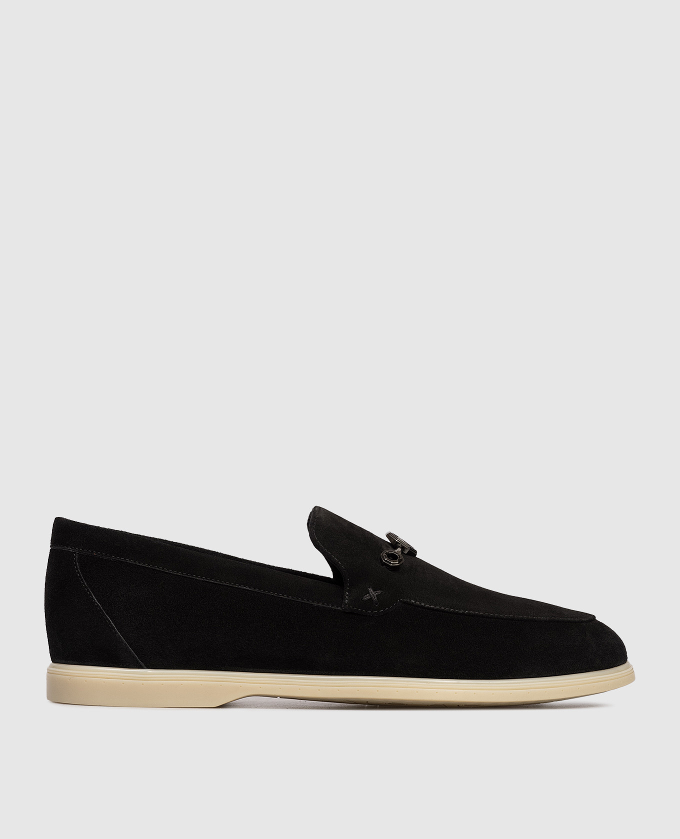 Black suede loafers with emblem