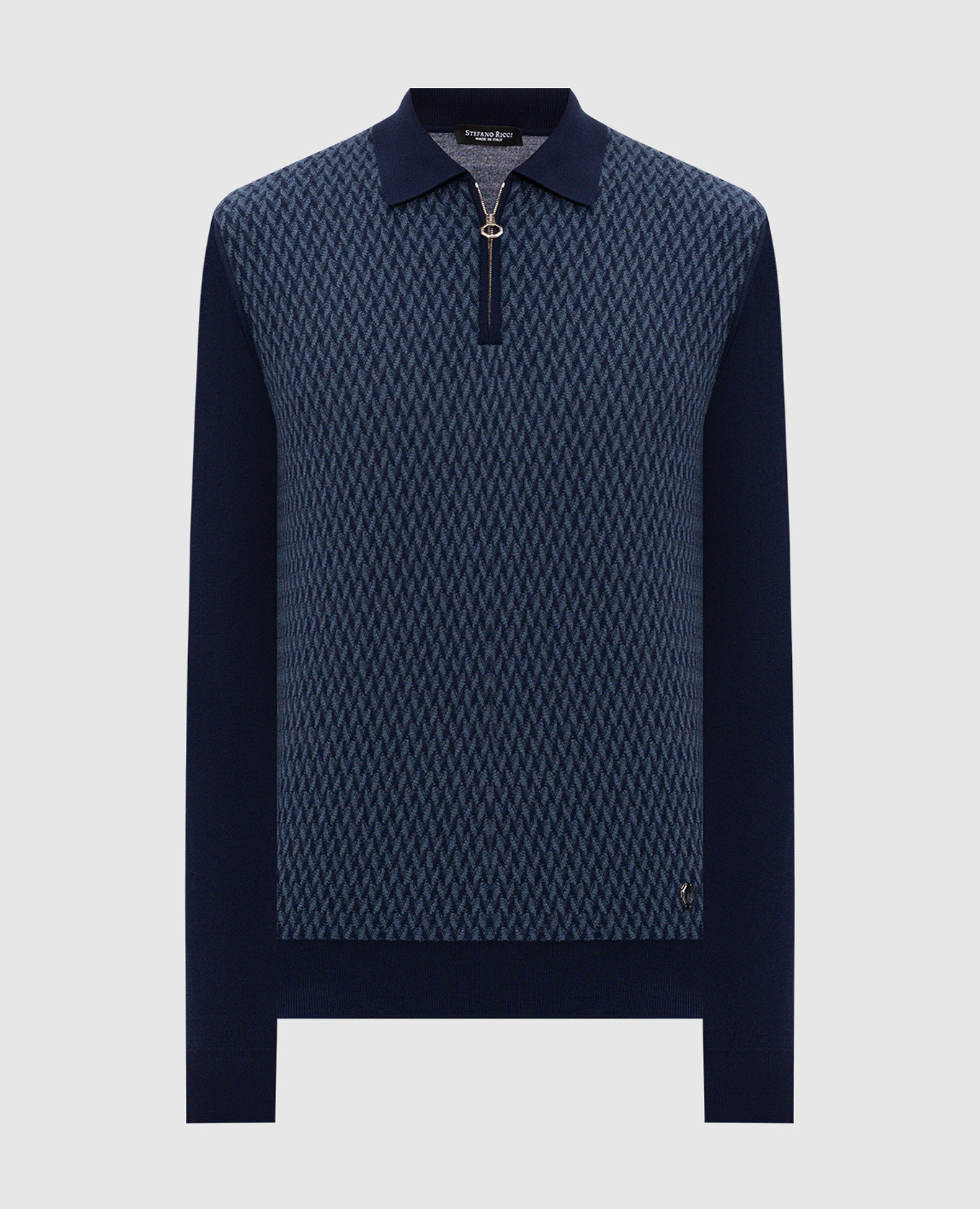 Blue wool, silk and cashmere polo shirt with a pattern