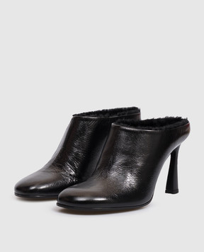 Premiata Black leather glossy mules with fur trim M7444TEX