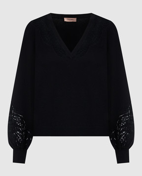 Twinset Black wool pullover with lace 252TT3440