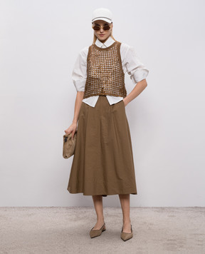 Brunello Cucinelli Brown openwork top made of silk and linen with sequins MCBR11800