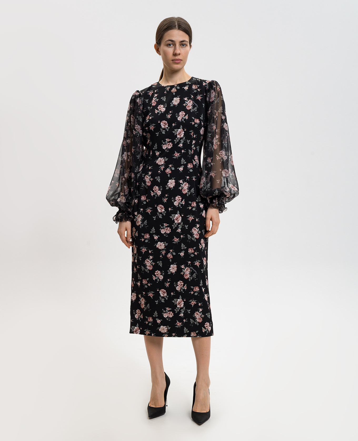 Black dress with floral print silk Dolce&Gabbana 3
