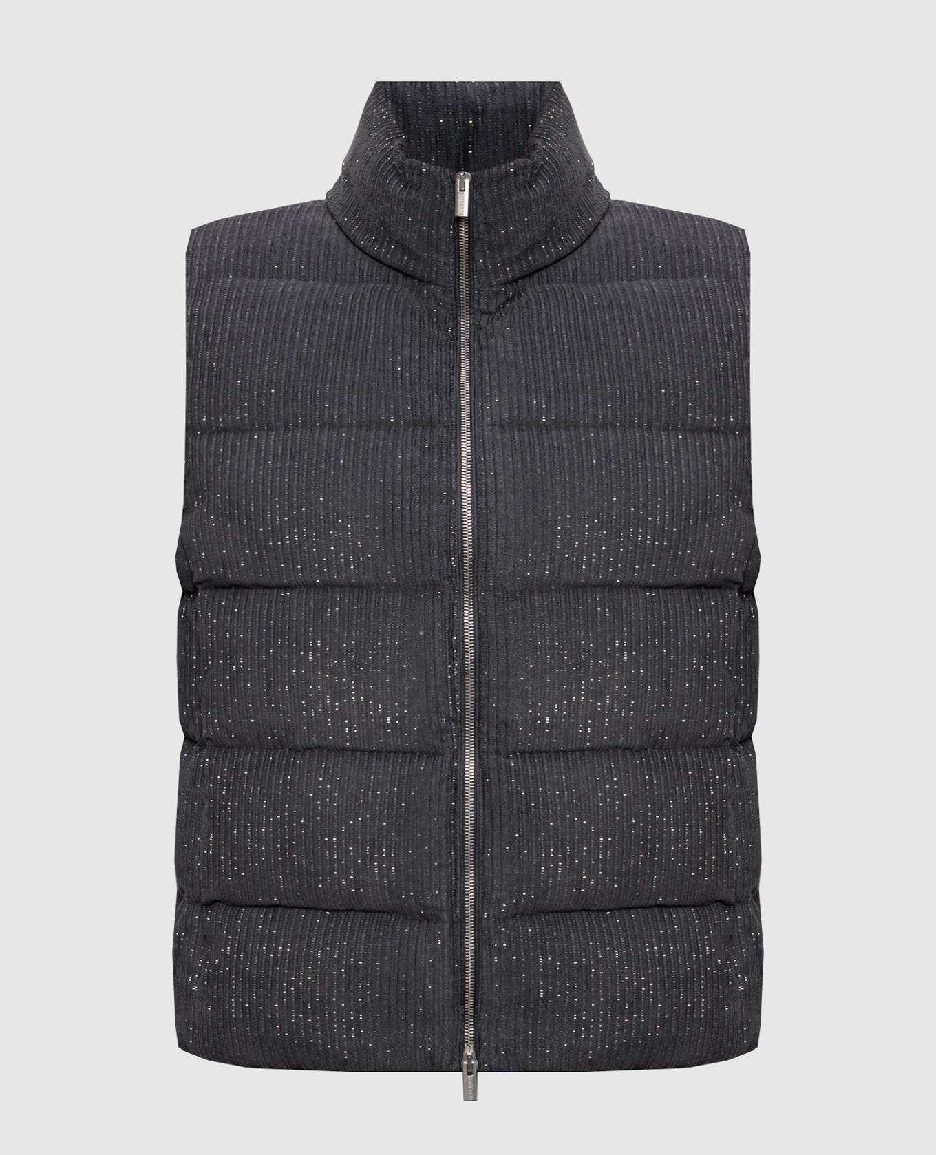 Gray corduroy down vest with lurex