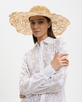 Ermanno Scervino Life Beige hat with floral pattern and raffia D484V500ZQP
