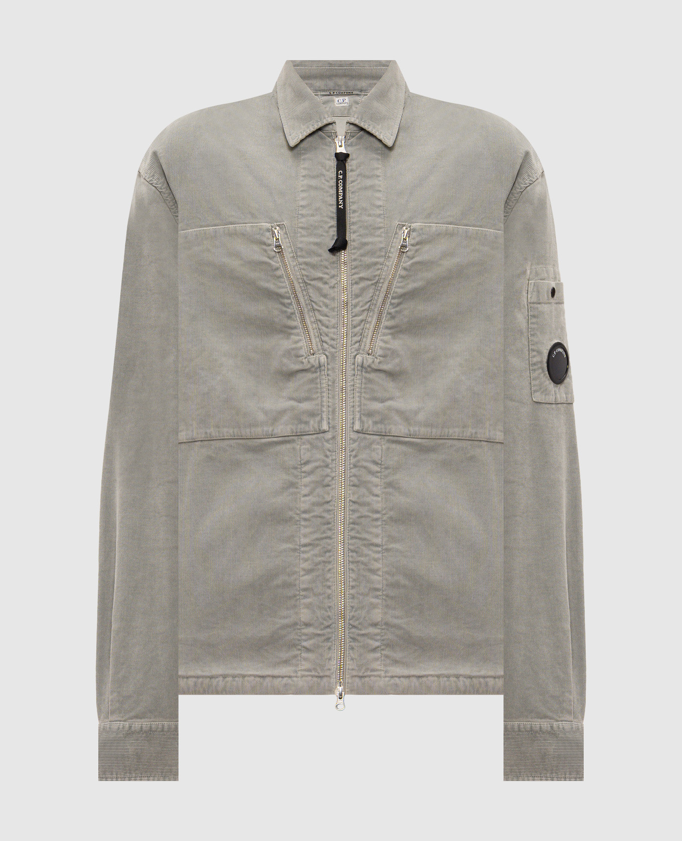 Grey corduroy shirt jacket with logo patch
