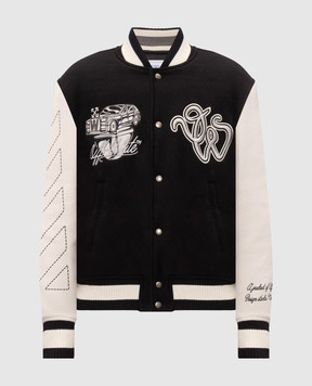 Off-White Cat Off Varsity Black Wool Bomber Jacket 44MEH053F26F001