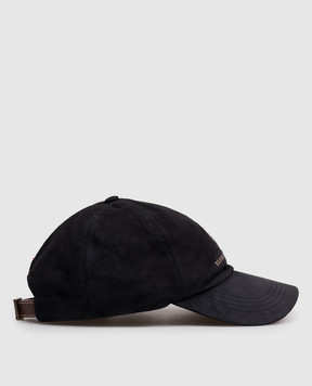 Brunello Cucinelli Blue suede cap with logo embroidery MPCLF9850