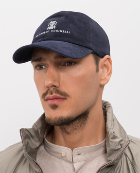 Brunello Cucinelli Blue suede cap with logo embroidery MPCLF9850