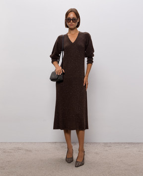 Brunello Cucinelli Brown ribbed cashmere dress M9A895A92