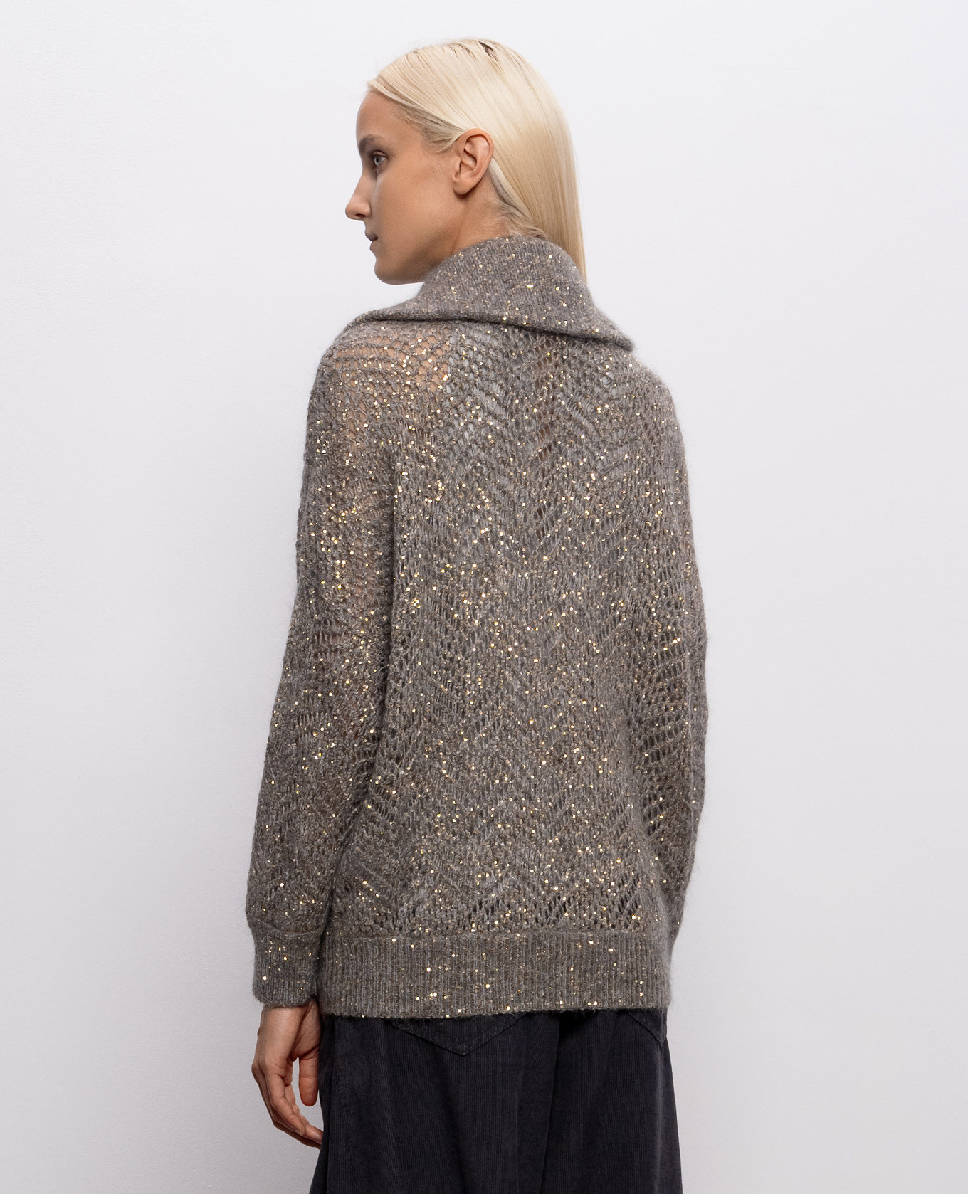 Gray openwork cardigan with sequined wool Brunello Cucinelli 4