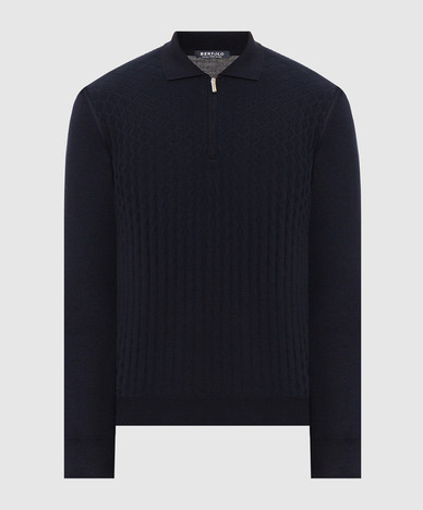 Blue wool and silk polo shirt with woven pattern